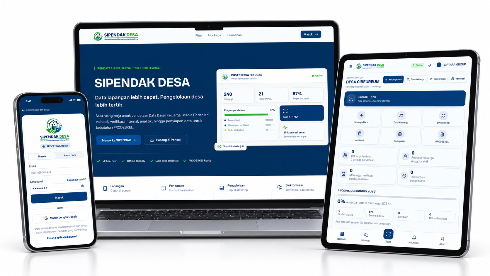 SIPENDAK DESA ditampilkan pada ponsel, laptop, dan tablet
